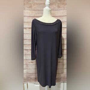 Tiana B gray sheath dress - beaded neckline and sleeves -size 14